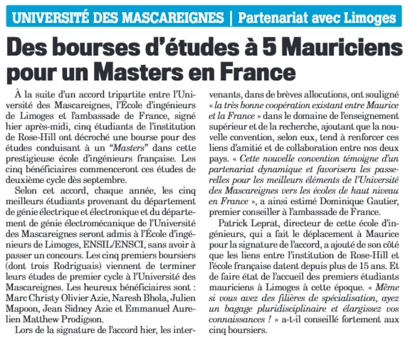 Partenariat avec Limoges : Des bourses d’études à 5 Mauriciens pour un Masters en France